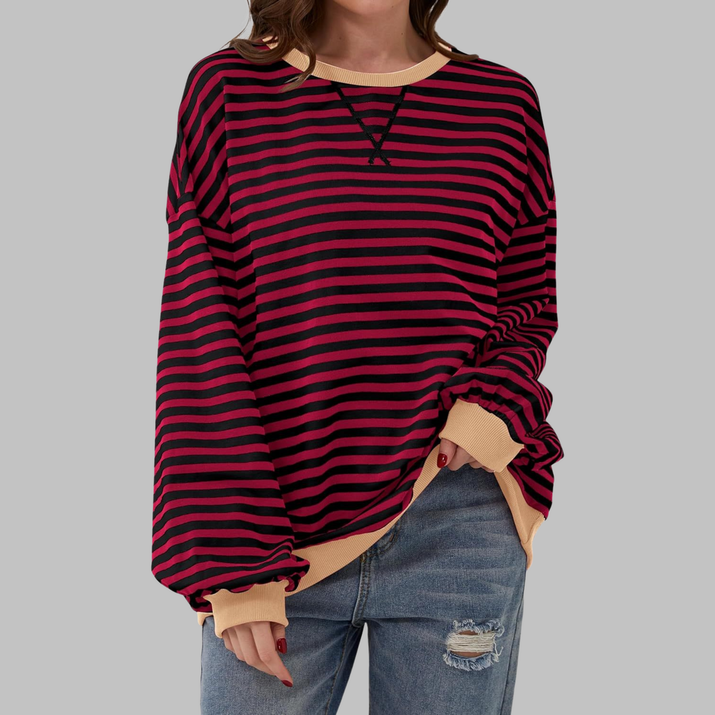 LUKA - Casual Long Sleeve Round Neck Striped Sweatshirt