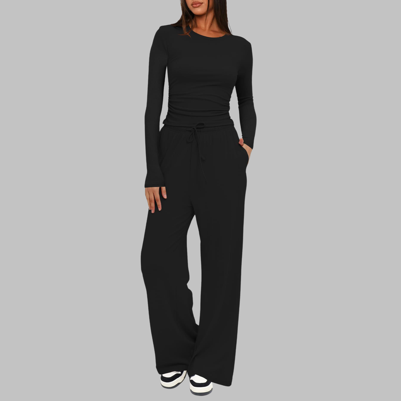JANNY - Casual Long Sleeve Top and Wide Leg Pants Set