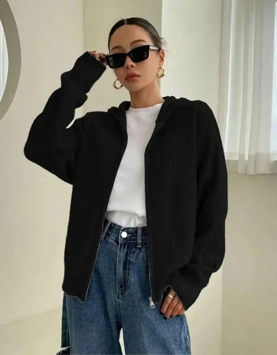LARALI - Casual Zip-Up Hooded Long Sleeve Cardigan