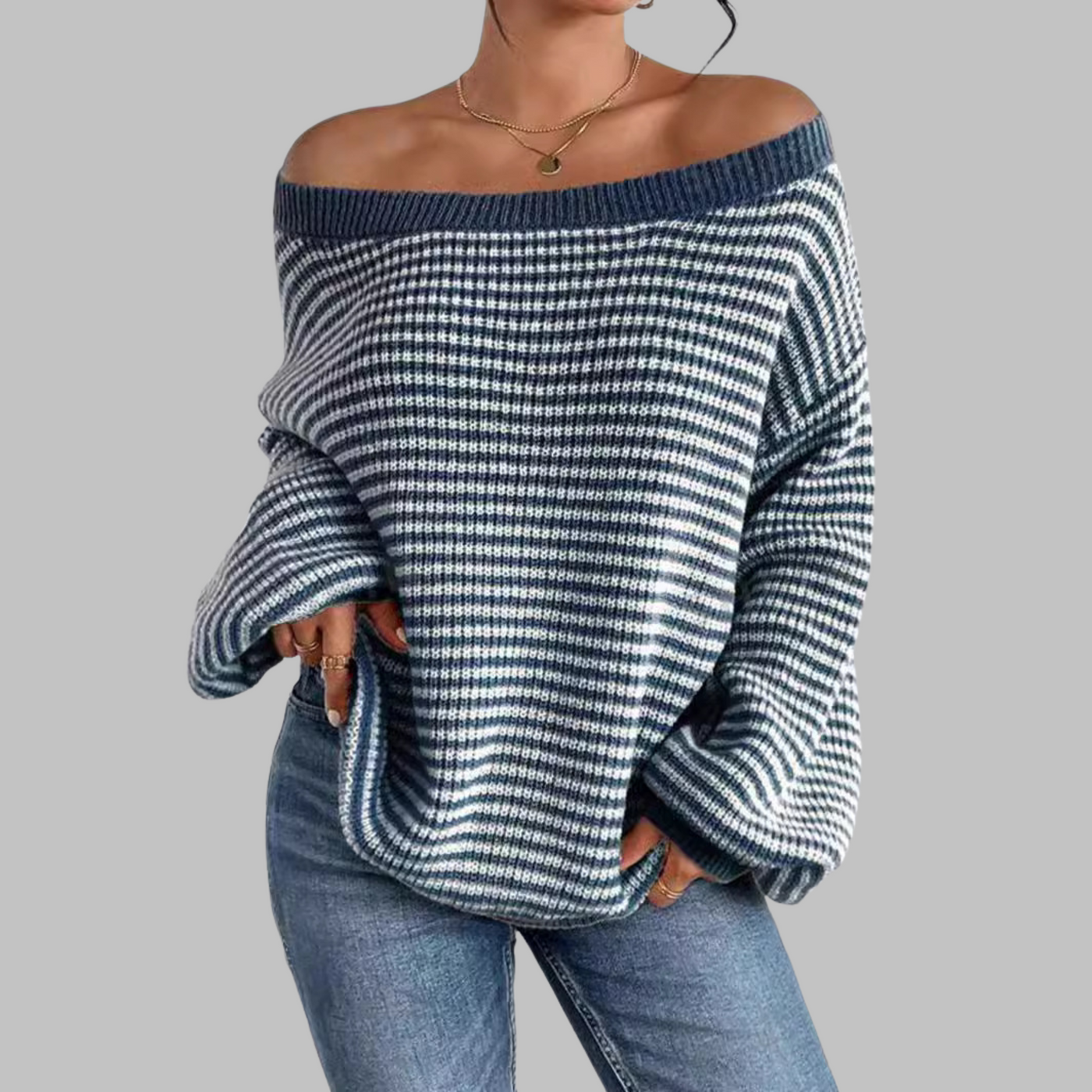 POSHIKO - Casual Striped Drop Shoulder Long Sleeve Sweater