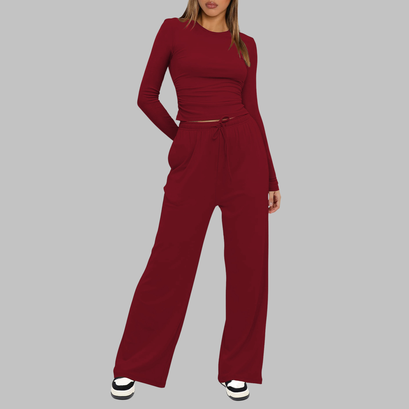 JANNY - Casual Long Sleeve Top and Wide Leg Pants Set