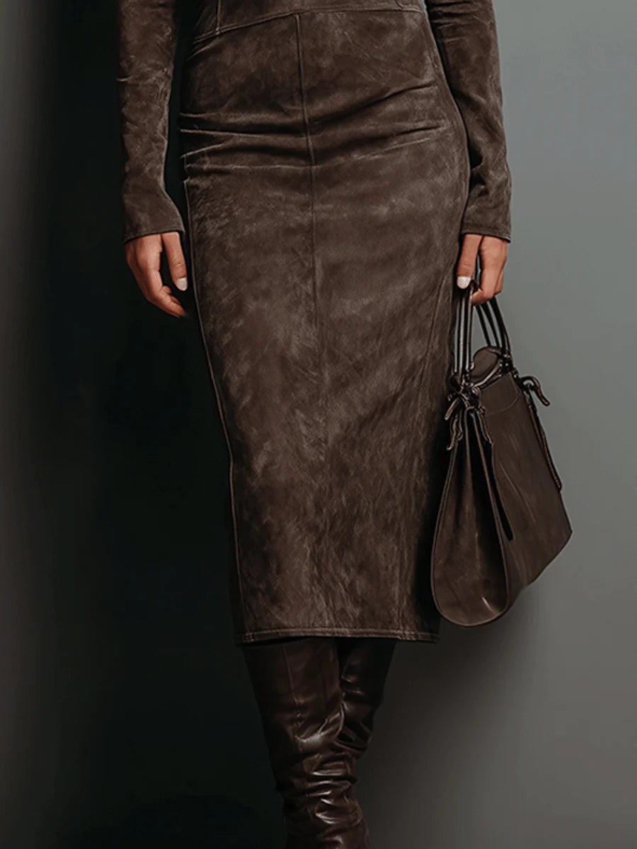 Ilaria - Midi Dress in Suede with High Neck and Long Sleeves