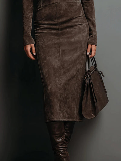 Ilaria - Midi Dress in Suede with High Neck and Long Sleeves