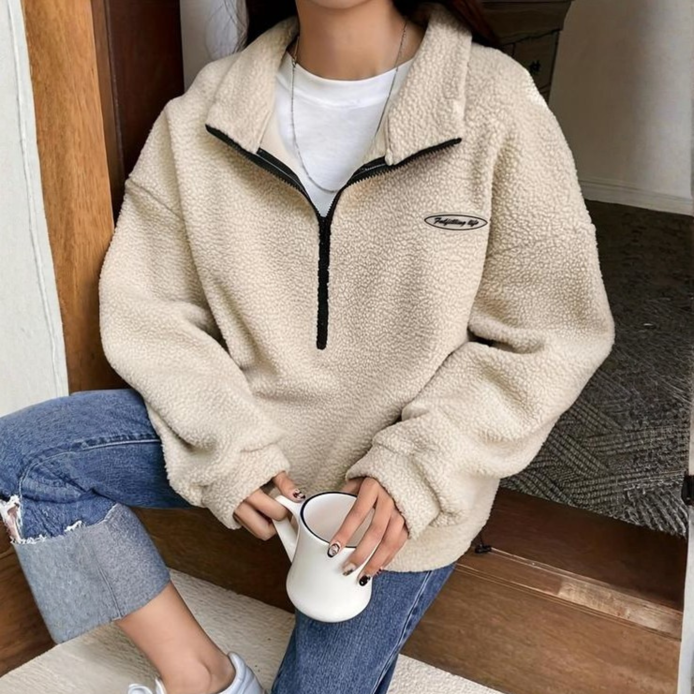 AVALANNA - Comfy Fuzzy Half Zip Long Sleeve Sweatshirt