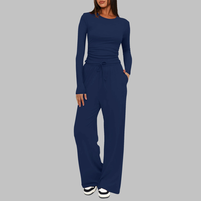 JANNY - Casual Long Sleeve Top and Wide Leg Pants Set