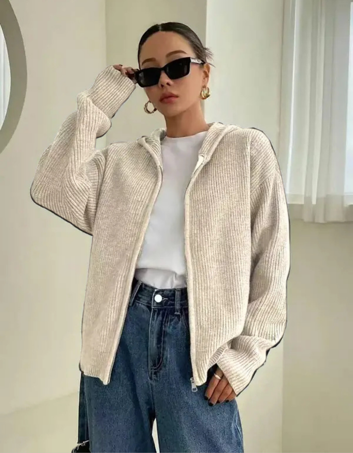 LARALI - Casual Zip-Up Hooded Long Sleeve Cardigan