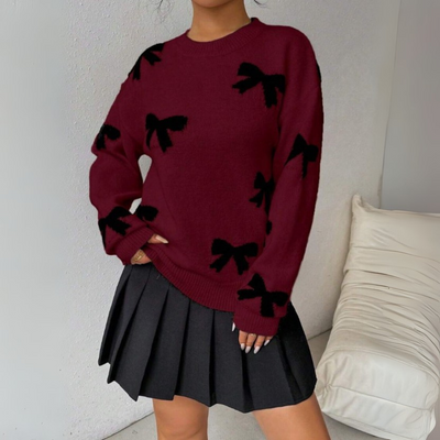 HATA - Comfy Bow Print Pullover Sweater