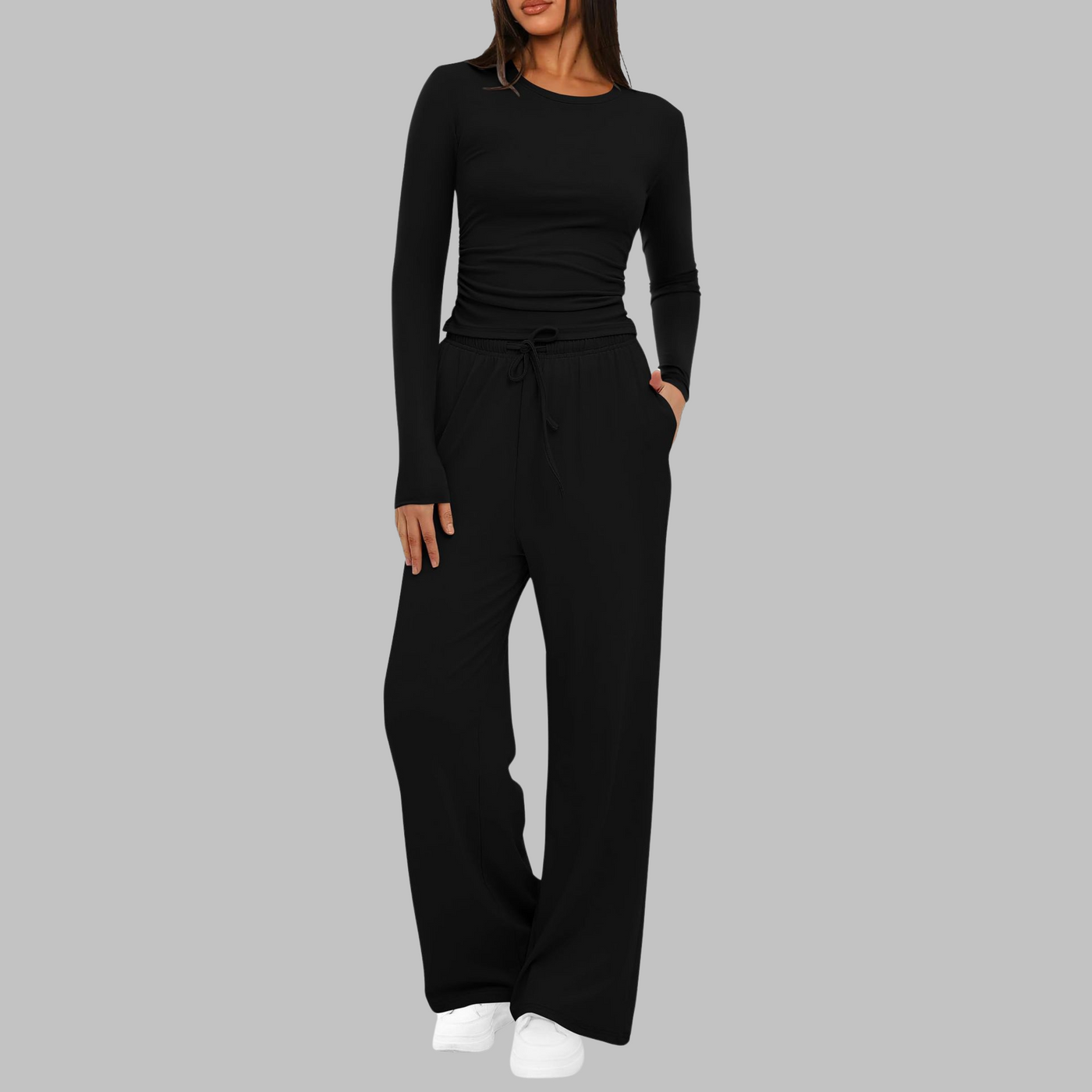 BELLE - Casual Long Sleeve Top and Wide Leg Pants Set