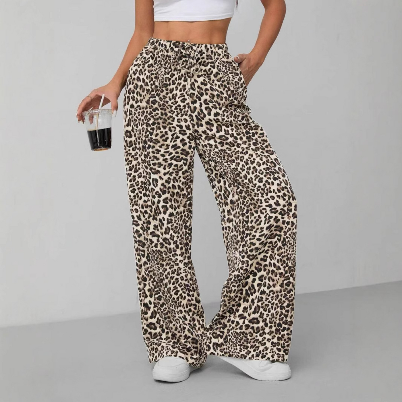 SYALA - Vintage Leopard Tie Front Wide Leg Pants