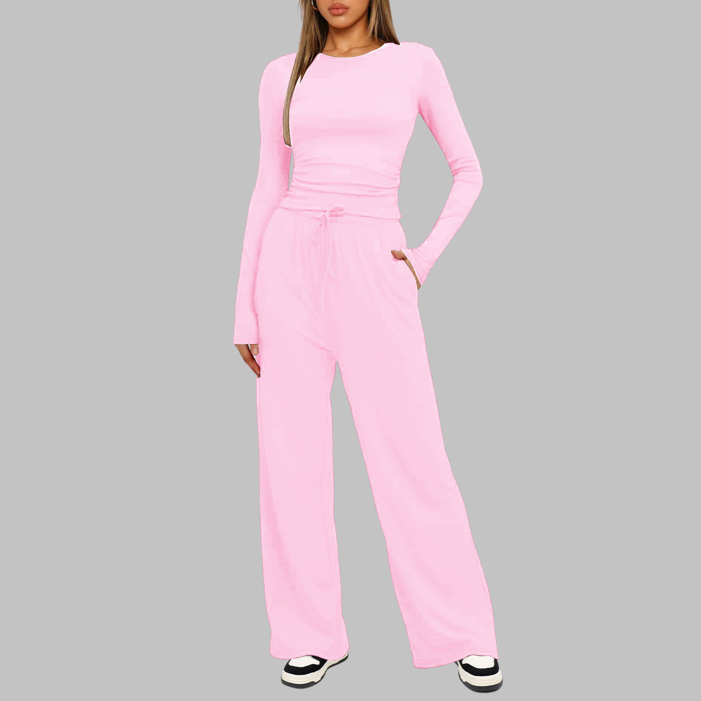 JANNY - Casual Long Sleeve Top and Wide Leg Pants Set