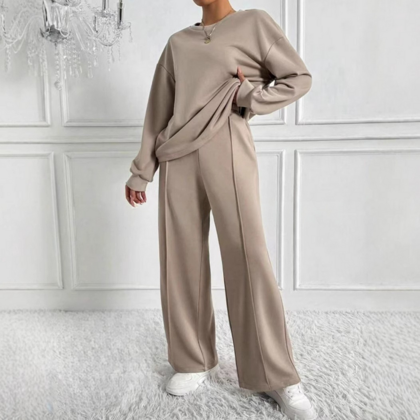 AMBRA - Casual Long Sleeve Sweatshirt and High Waist Pants Set