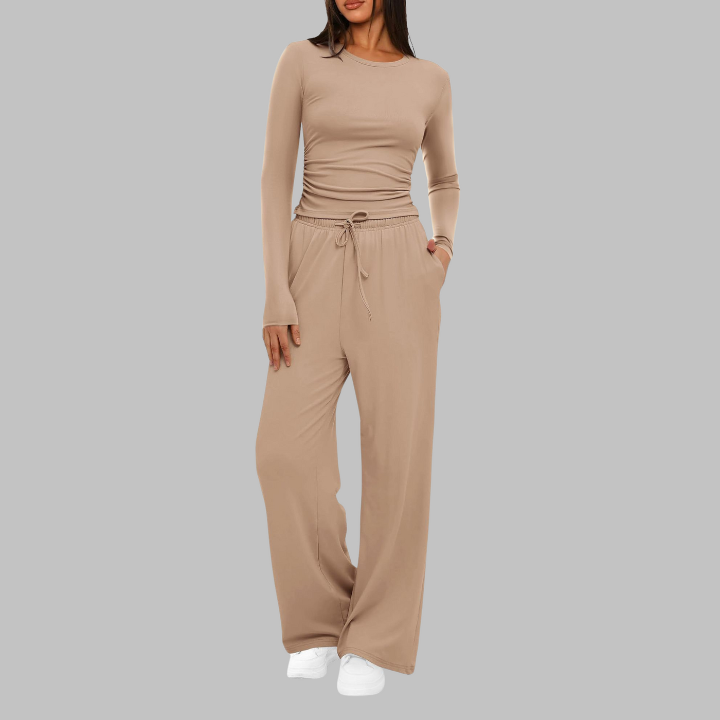 BELLE - Casual Long Sleeve Top and Wide Leg Pants Set