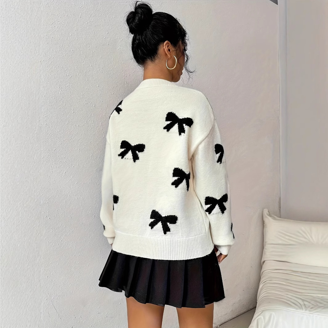 HATA - Comfy Bow Print Pullover Sweater