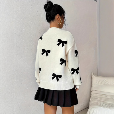 HATA - Comfy Bow Print Pullover Sweater