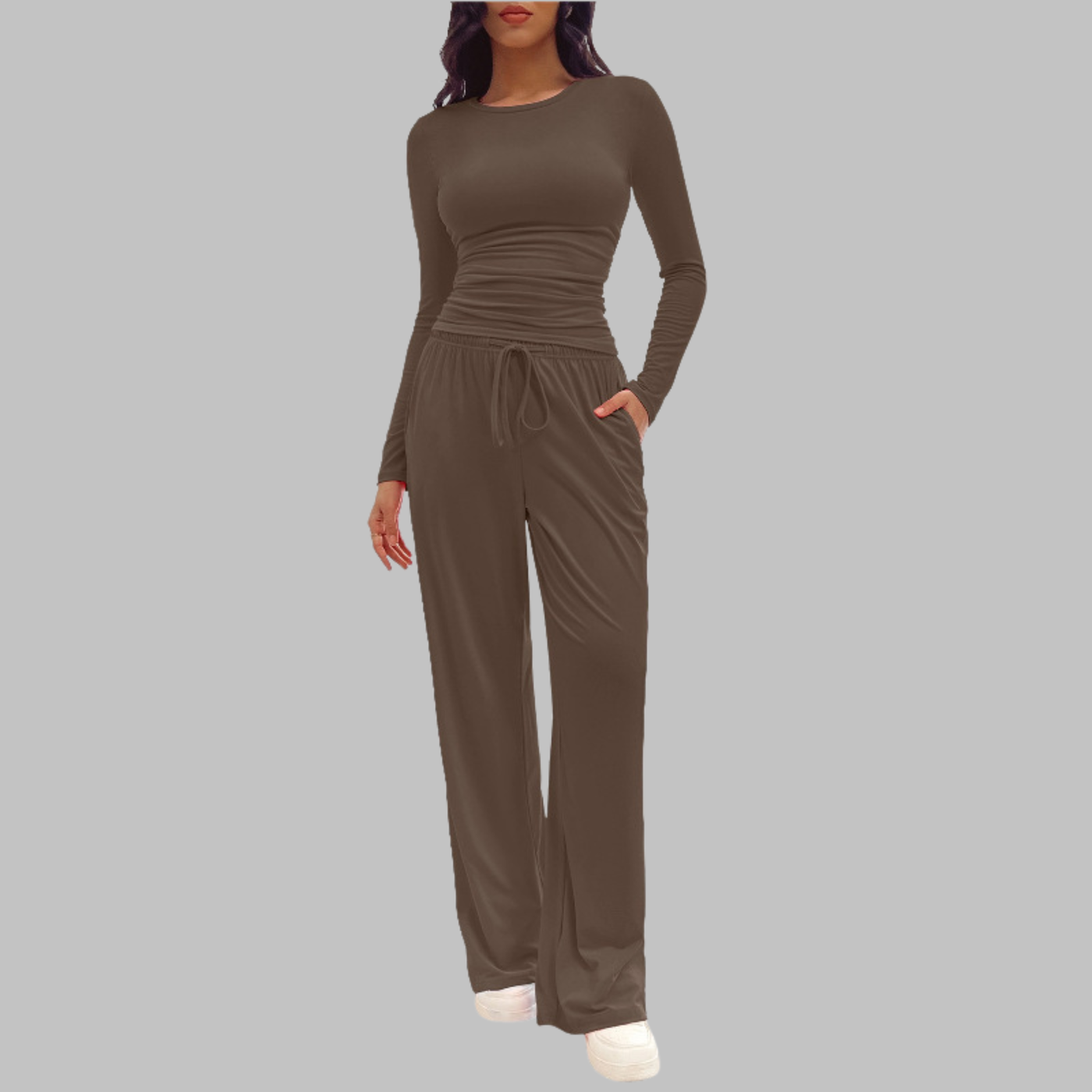 JANNY - Casual Long Sleeve Top and Wide Leg Pants Set