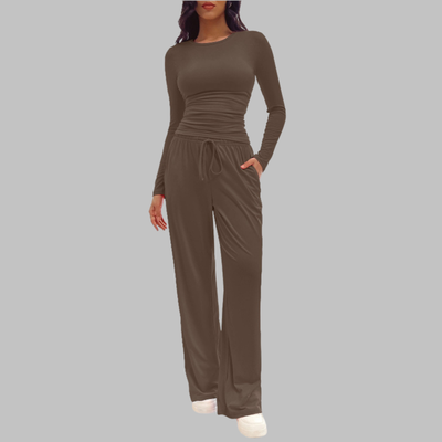 JANNY - Casual Long Sleeve Top and Wide Leg Pants Set