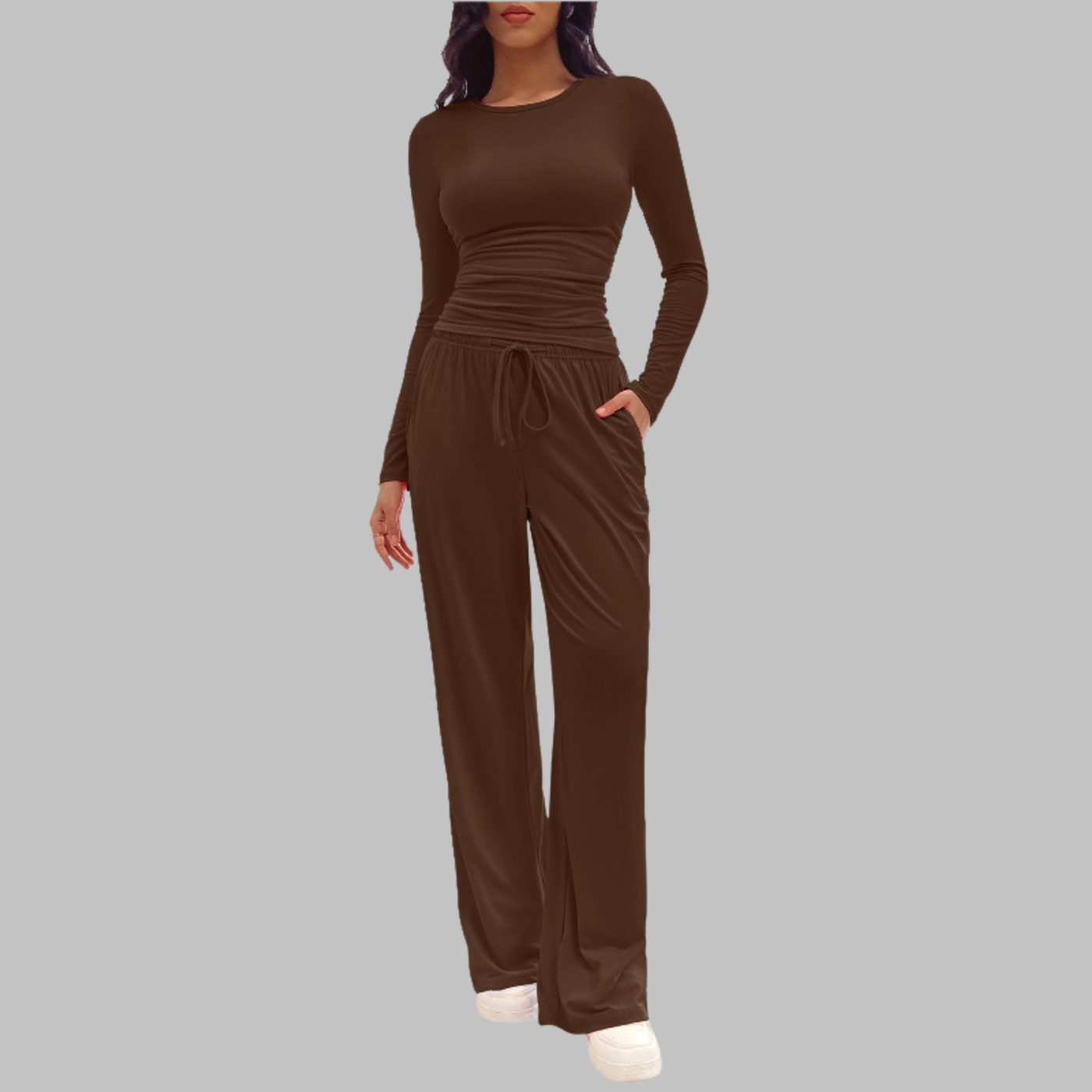 JANNY - Casual Long Sleeve Top and Wide Leg Pants Set