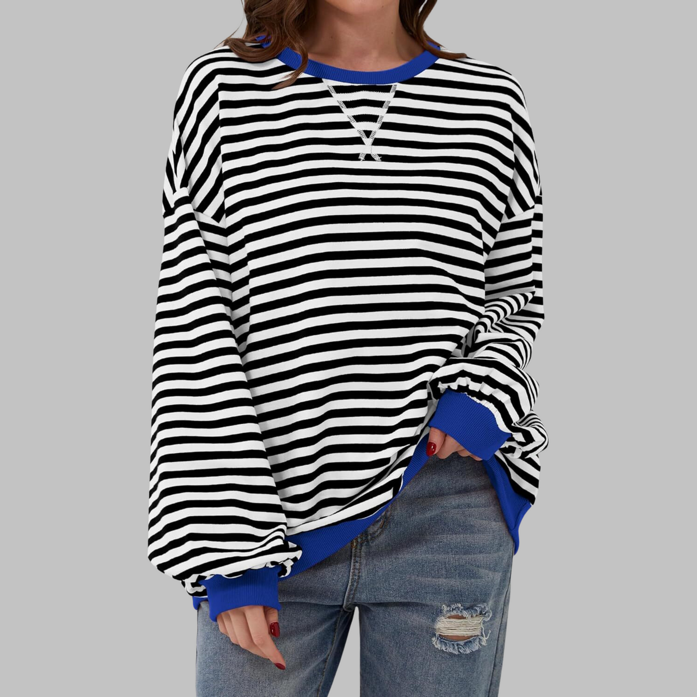 LUKA - Casual Long Sleeve Round Neck Striped Sweatshirt