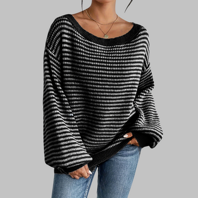 POSHIKO - Casual Striped Drop Shoulder Long Sleeve Sweater