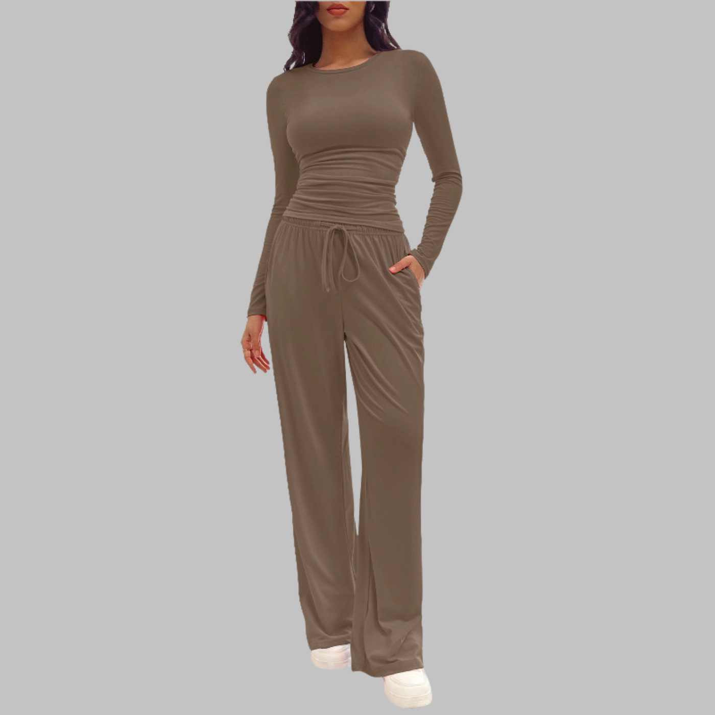 JANNY - Casual Long Sleeve Top and Wide Leg Pants Set