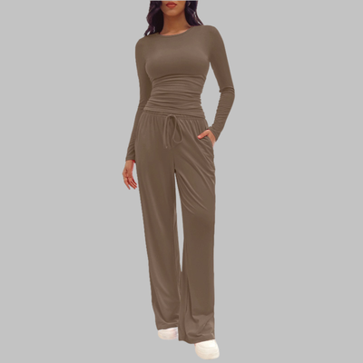 JANNY - Casual Long Sleeve Top and Wide Leg Pants Set