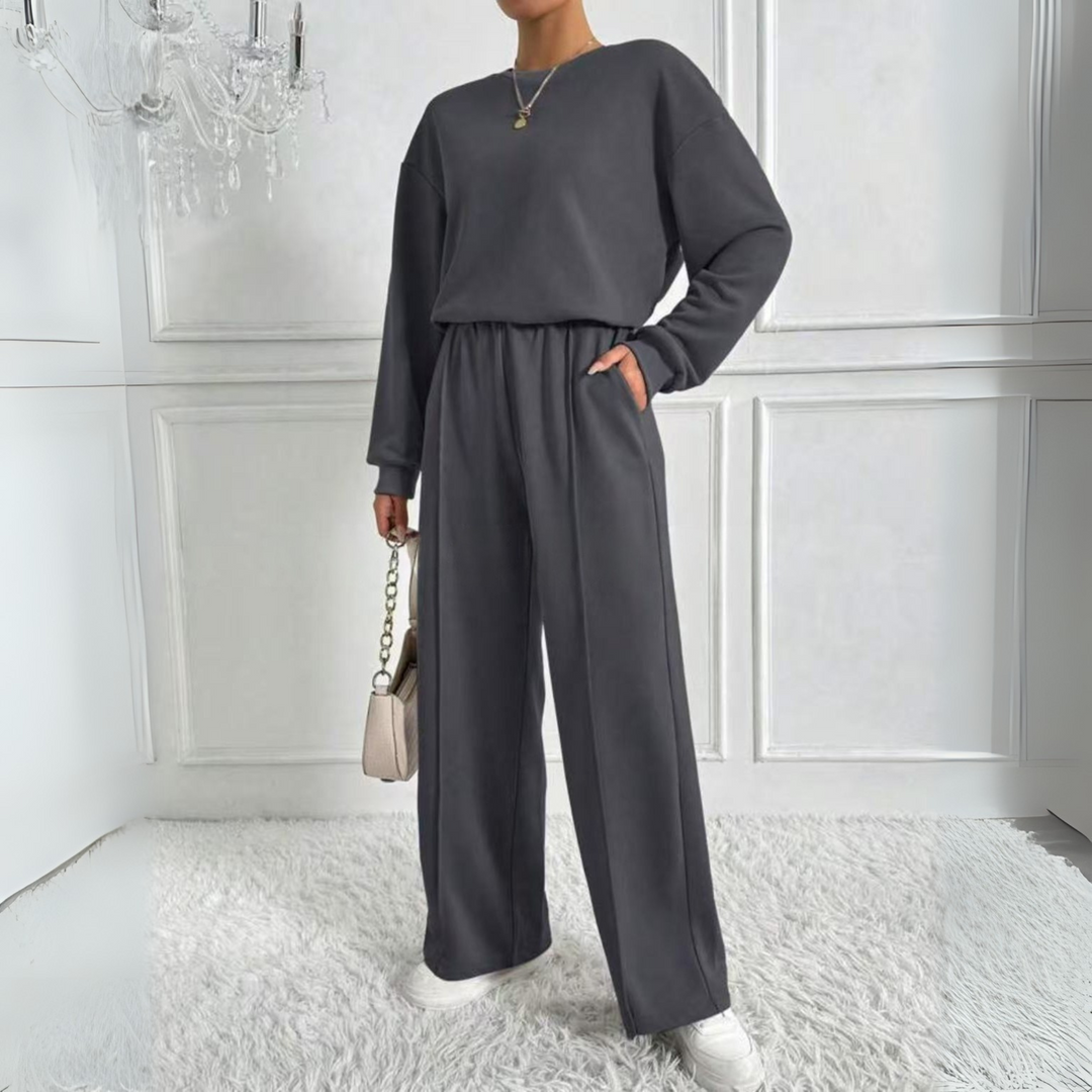 AMBRA - Casual Long Sleeve Sweatshirt and High Waist Pants Set