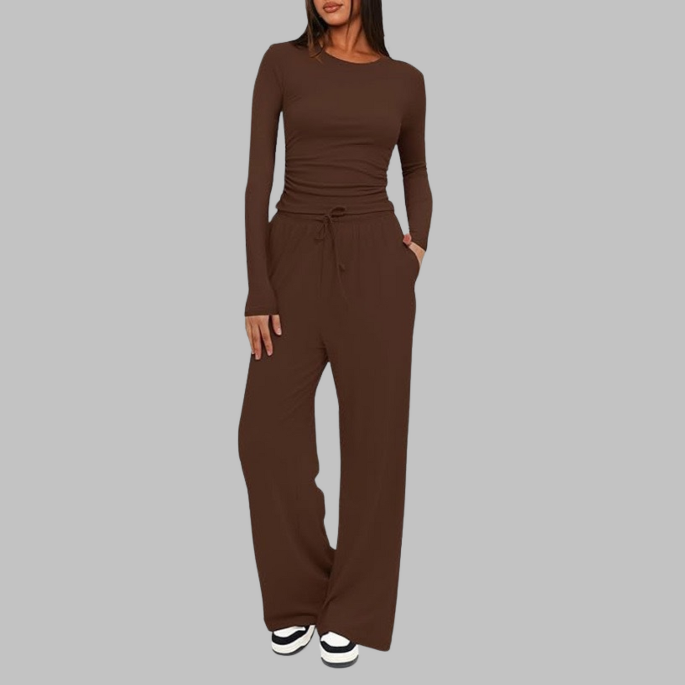 BELLE - Casual Long Sleeve Top and Wide Leg Pants Set