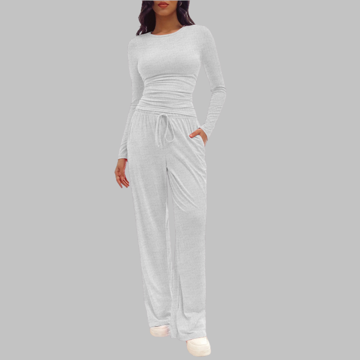 JANNY - Casual Long Sleeve Top and Wide Leg Pants Set