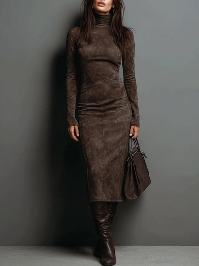 Ilaria - Midi Dress in Suede with High Neck and Long Sleeves