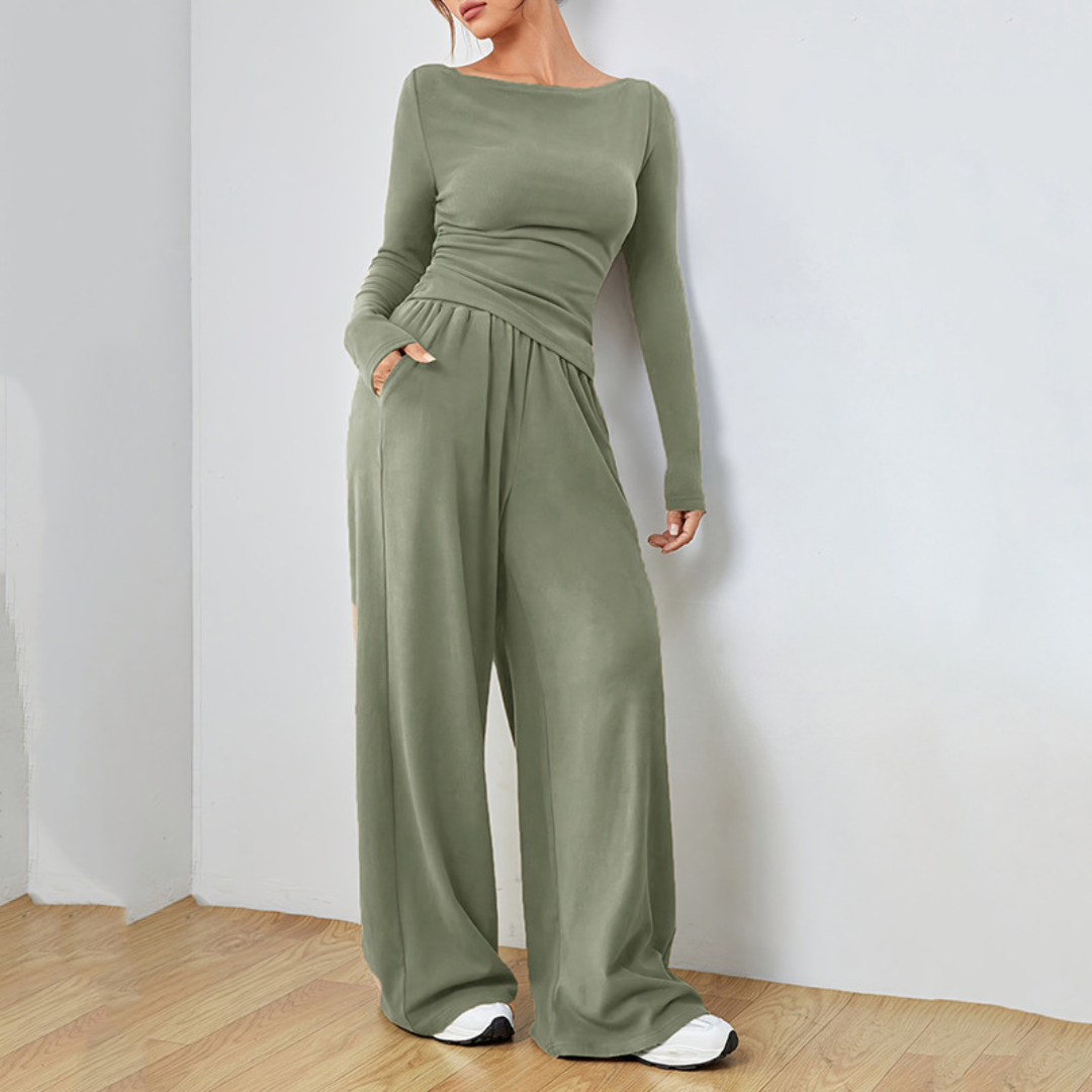 DANTARA - Casual Long Sleeve Top and Wide Leg Pants Set
