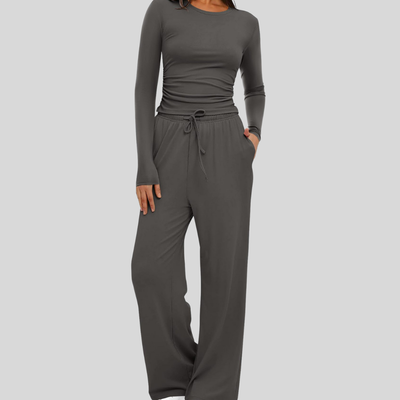 JANNY - Casual Long Sleeve Top and Wide Leg Pants Set