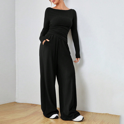 DANTARA - Casual Long Sleeve Top and Wide Leg Pants Set