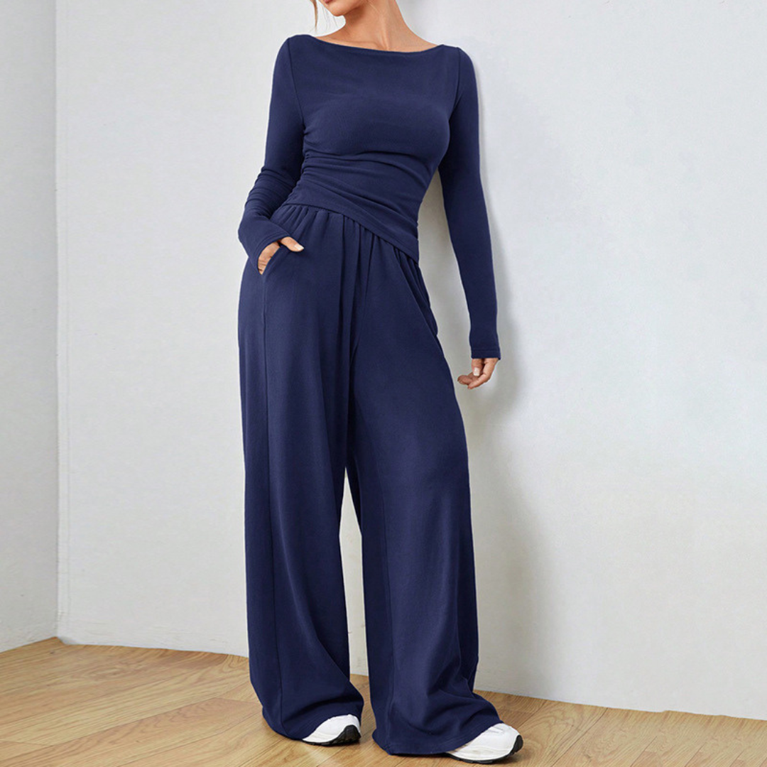 DANTARA - Casual Long Sleeve Top and Wide Leg Pants Set