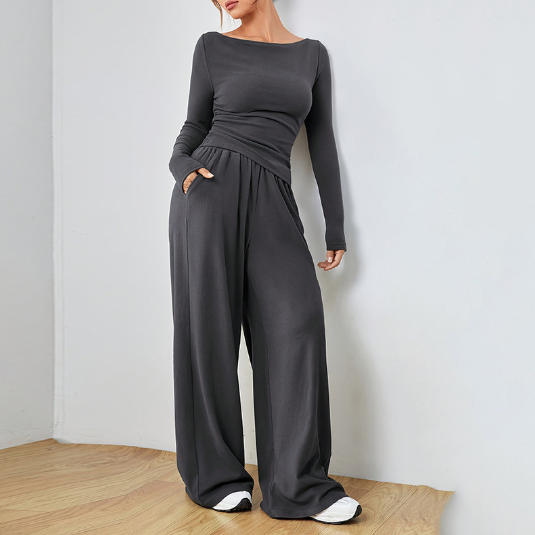 DANTARA - Casual Long Sleeve Top and Wide Leg Pants Set