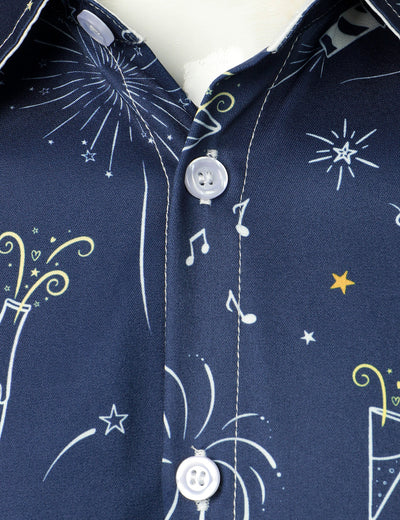 Men's Fireworks Holiday New Year Party Button-Up Blue Long Sleeve Shirt