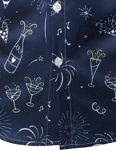 Men's Fireworks Holiday New Year Party Button-Up Blue Long Sleeve Shirt