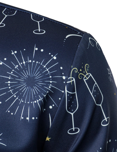 Men's Fireworks Holiday New Year Party Button-Up Blue Long Sleeve Shirt