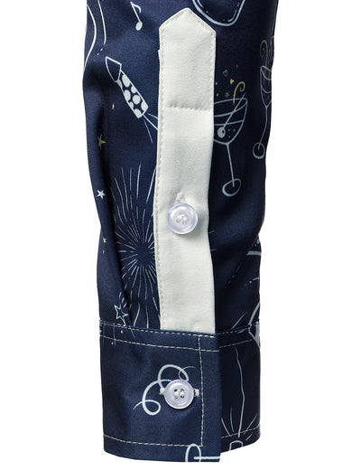 Men's Fireworks Holiday New Year Party Button-Up Blue Long Sleeve Shirt