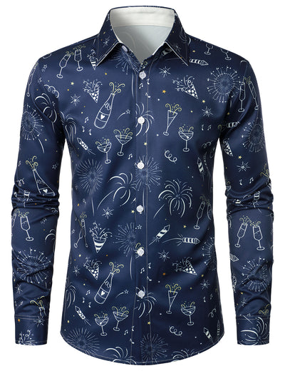 Men's Fireworks Holiday New Year Party Button-Up Blue Long Sleeve Shirt