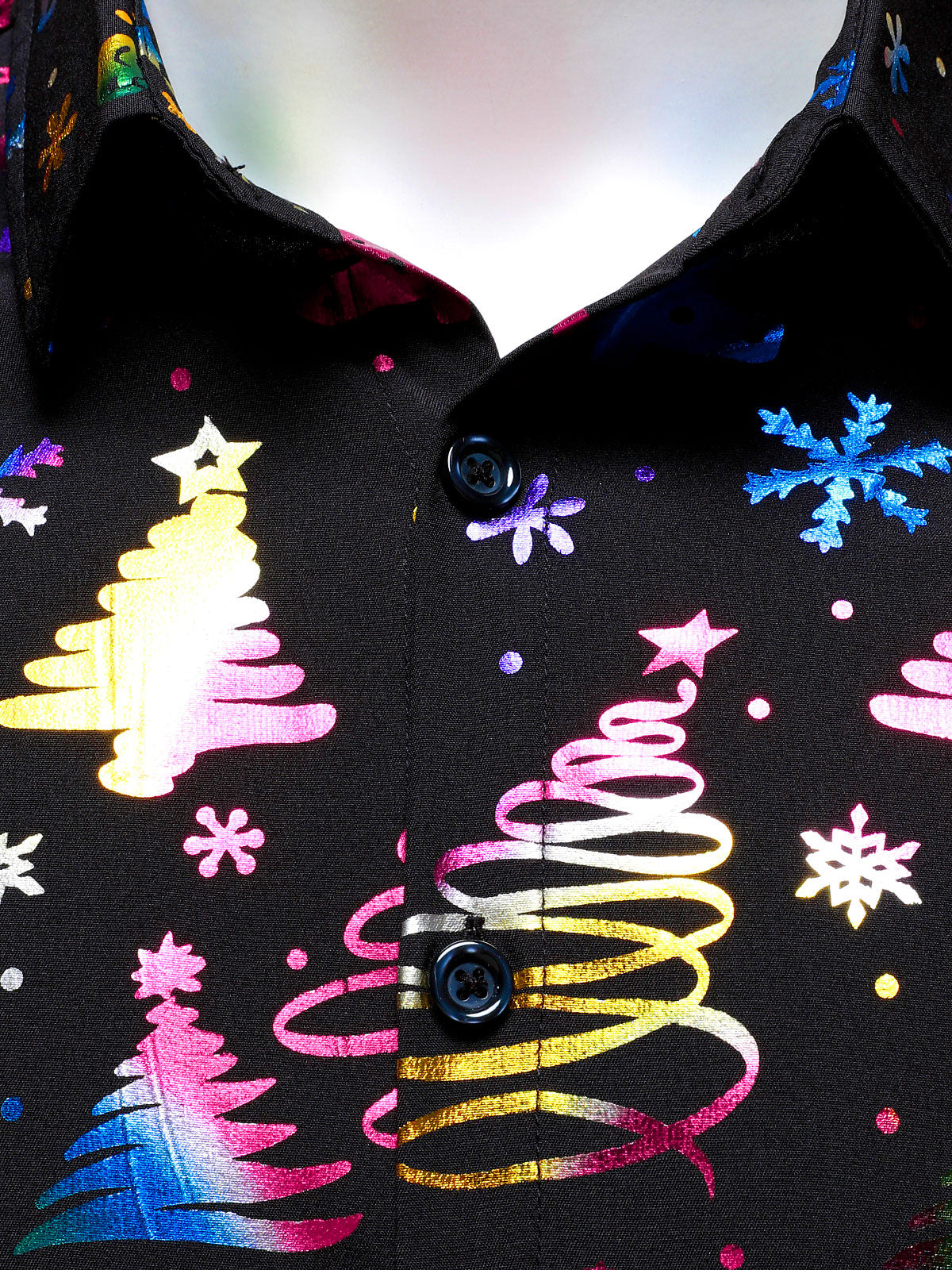 Men's Gold Christmas Print Regular Fit Black Long Sleeve Shirt