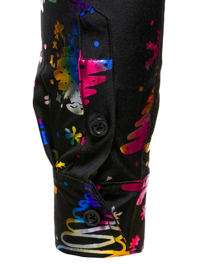 Men's Gold Christmas Print Regular Fit Black Long Sleeve Shirt