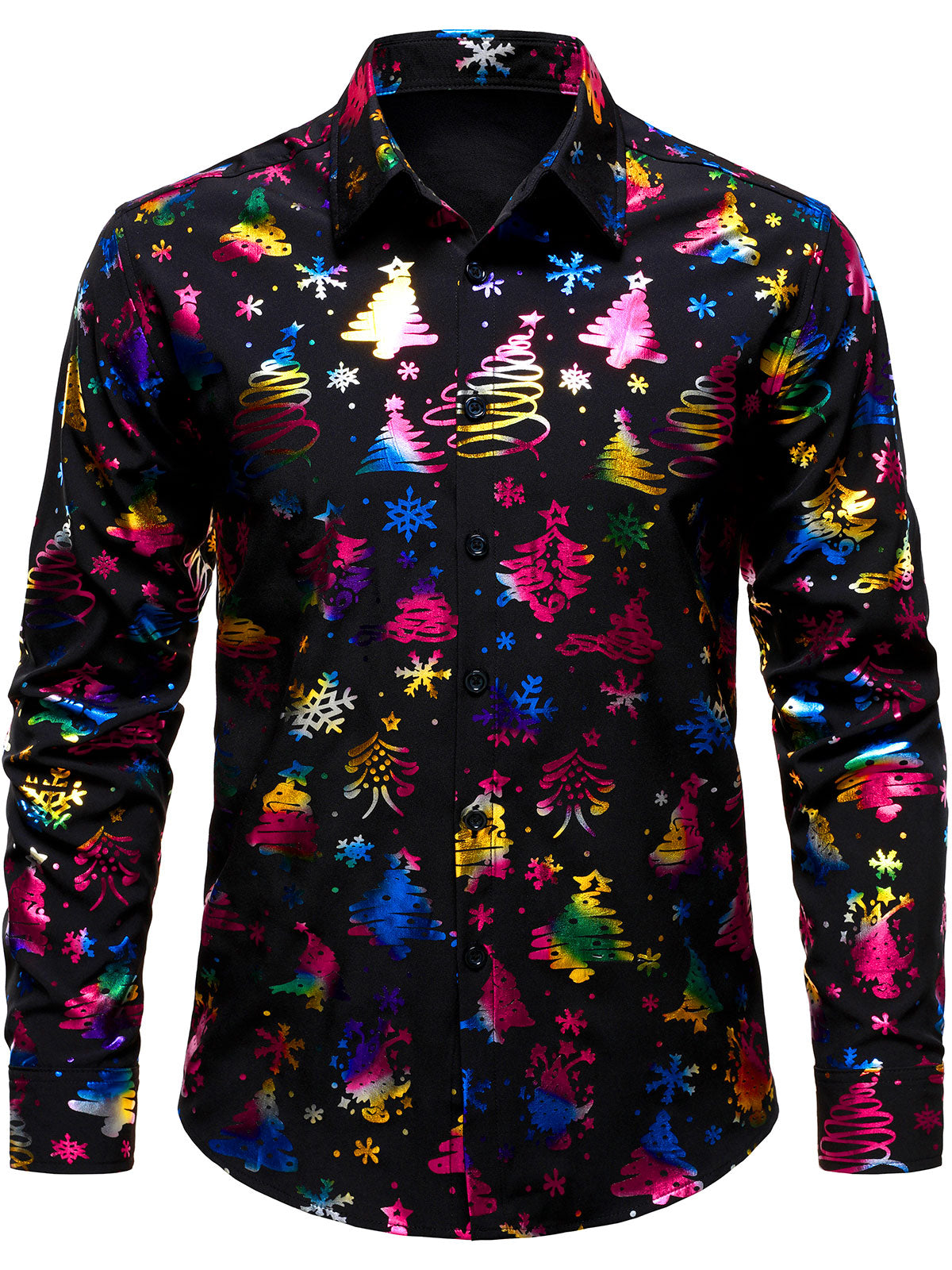 Men's Gold Christmas Print Regular Fit Black Long Sleeve Shirt