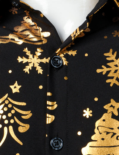 Men's Gold Christmas Print Black Long Sleeve Shirt