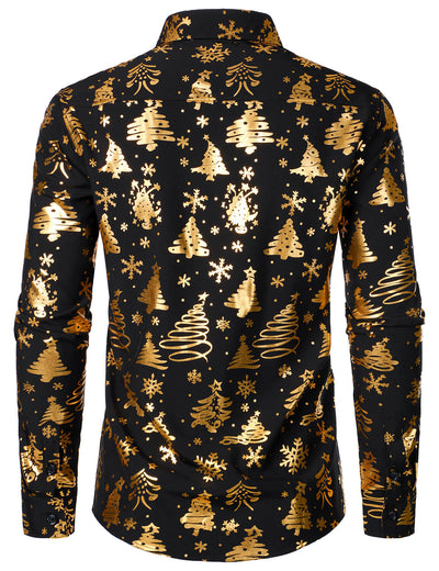 Men's Gold Christmas Print Black Long Sleeve Shirt