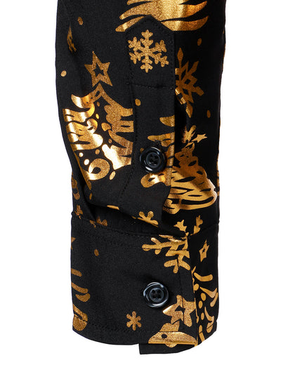 Men's Gold Christmas Print Black Long Sleeve Shirt
