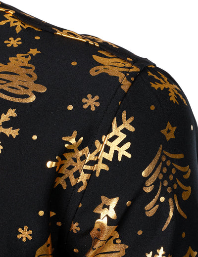 Men's Gold Christmas Print Black Long Sleeve Shirt