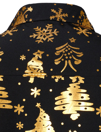 Men's Gold Christmas Print Black Long Sleeve Shirt
