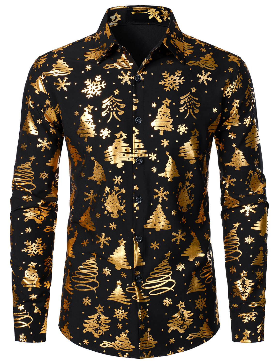 Men's Gold Christmas Print Black Long Sleeve Shirt