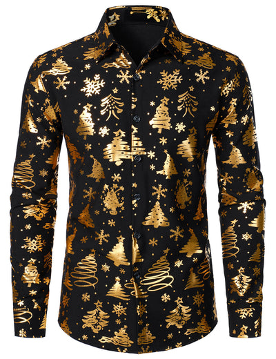 Men's Gold Christmas Print Black Long Sleeve Shirt