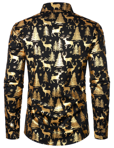 Men's Gold Christmas Reindeer Festive Print Long Sleeve Shirt